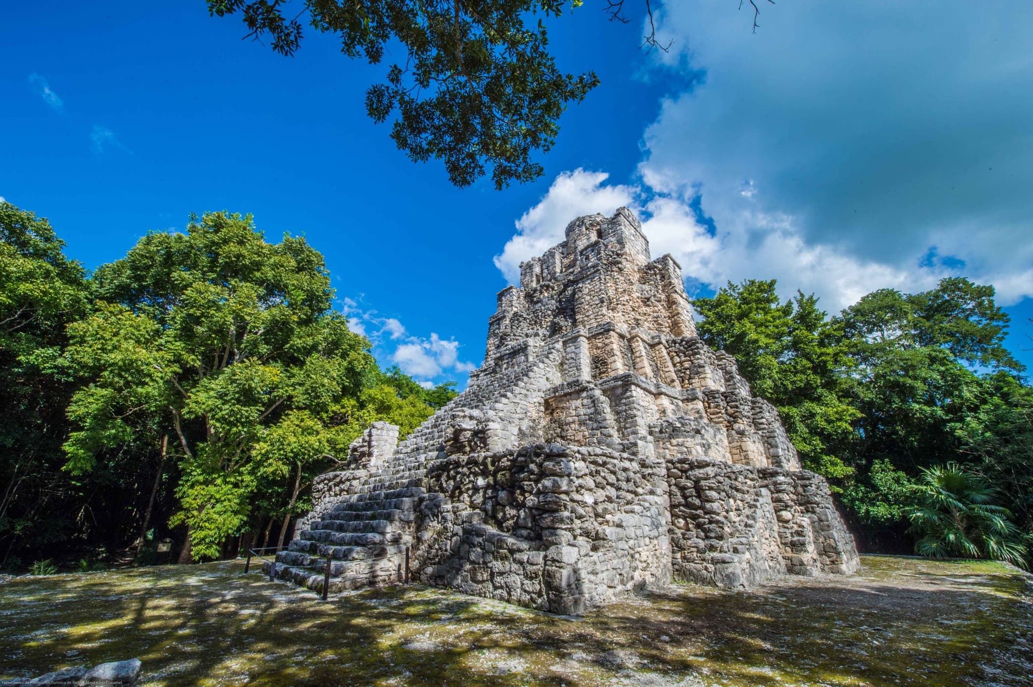 Pyramid at the Muyil archaeological site surrounded by jungle