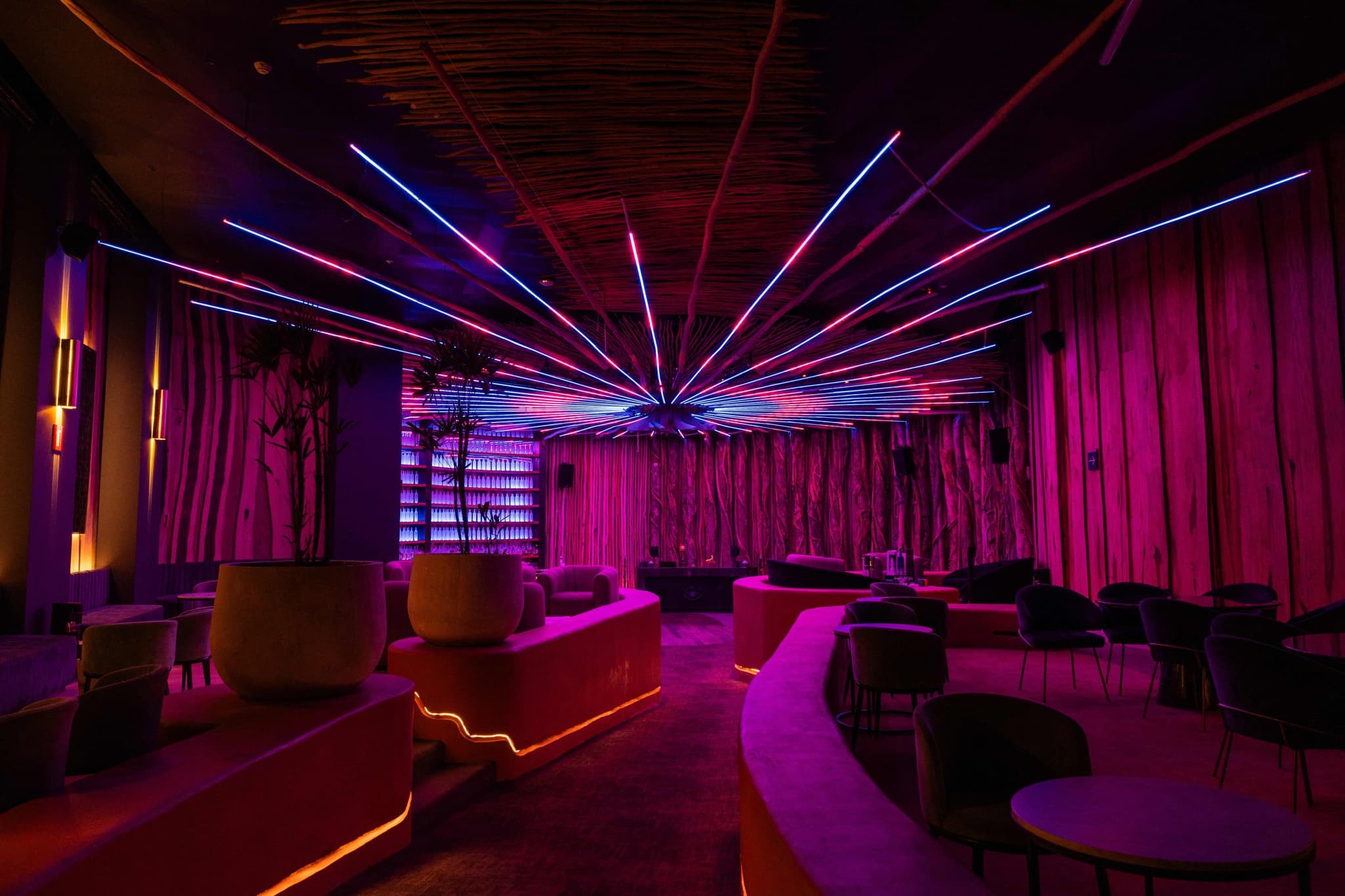 Interior of a nightclub with neon lights in Cancun