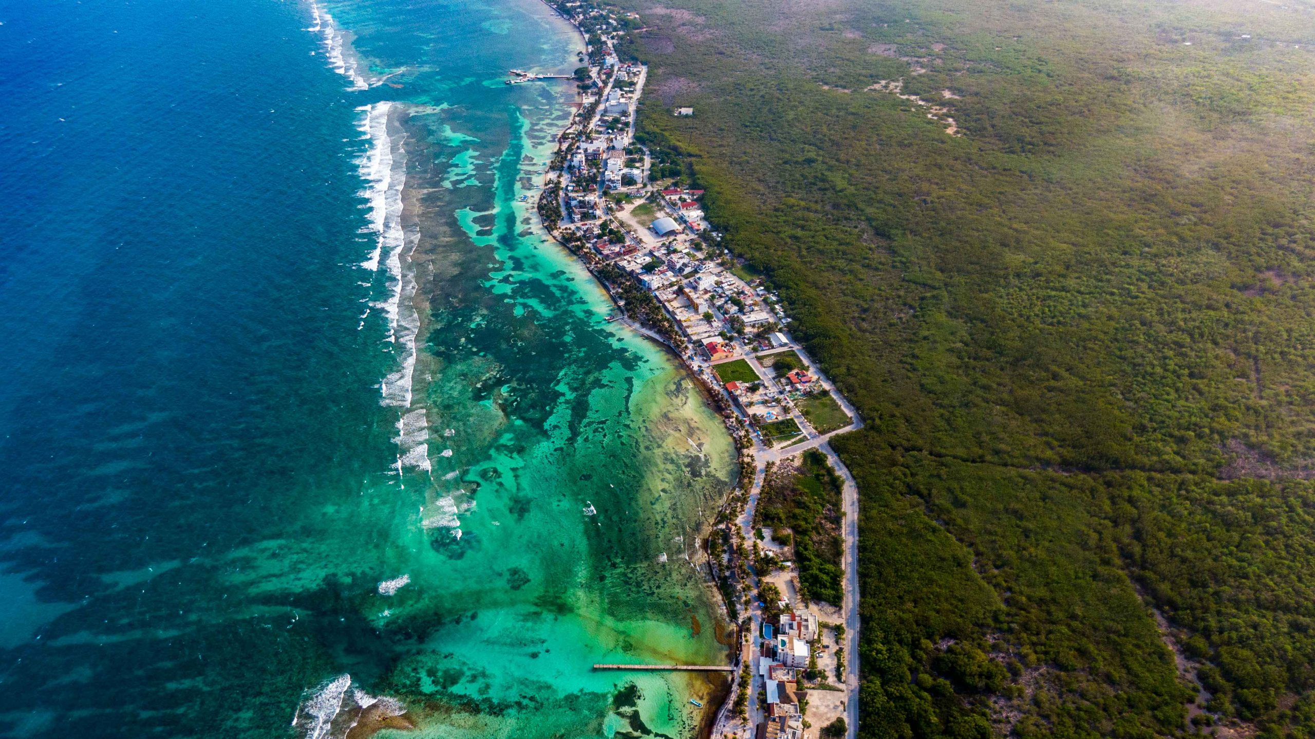 Aerial view of the town of Mahahual and its reef