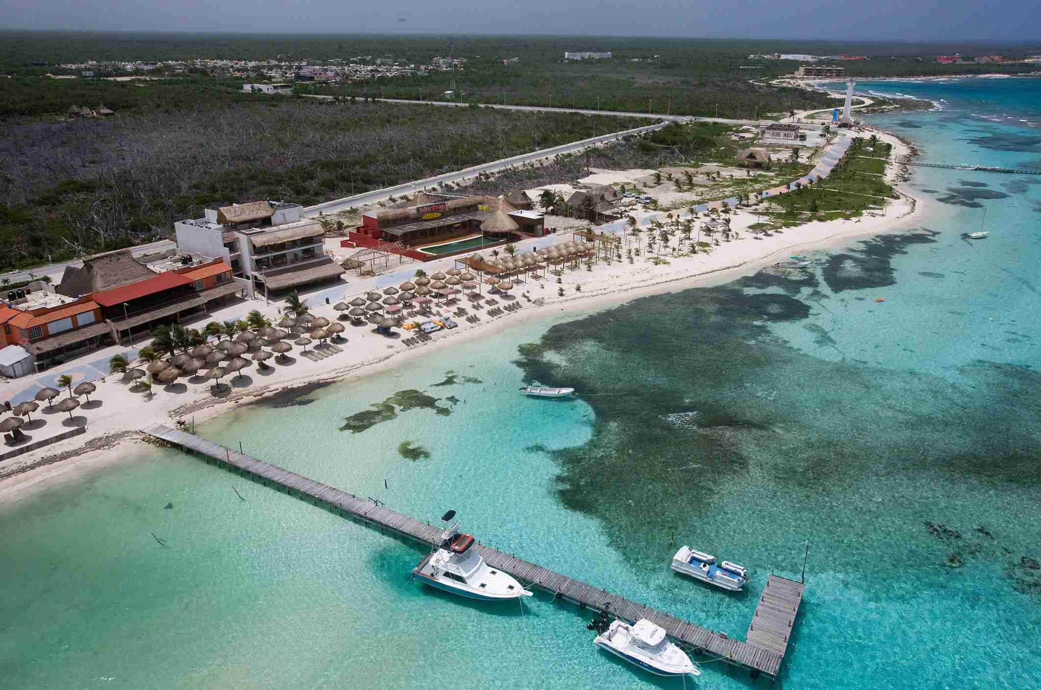 Aerial view of the boardwalk and pier in Mahahual