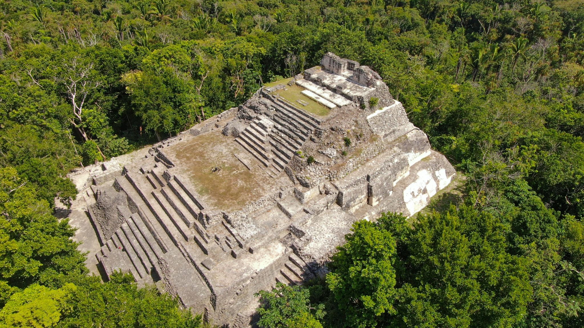 Aerial view of a Maya archaeological site surrounded by jungle