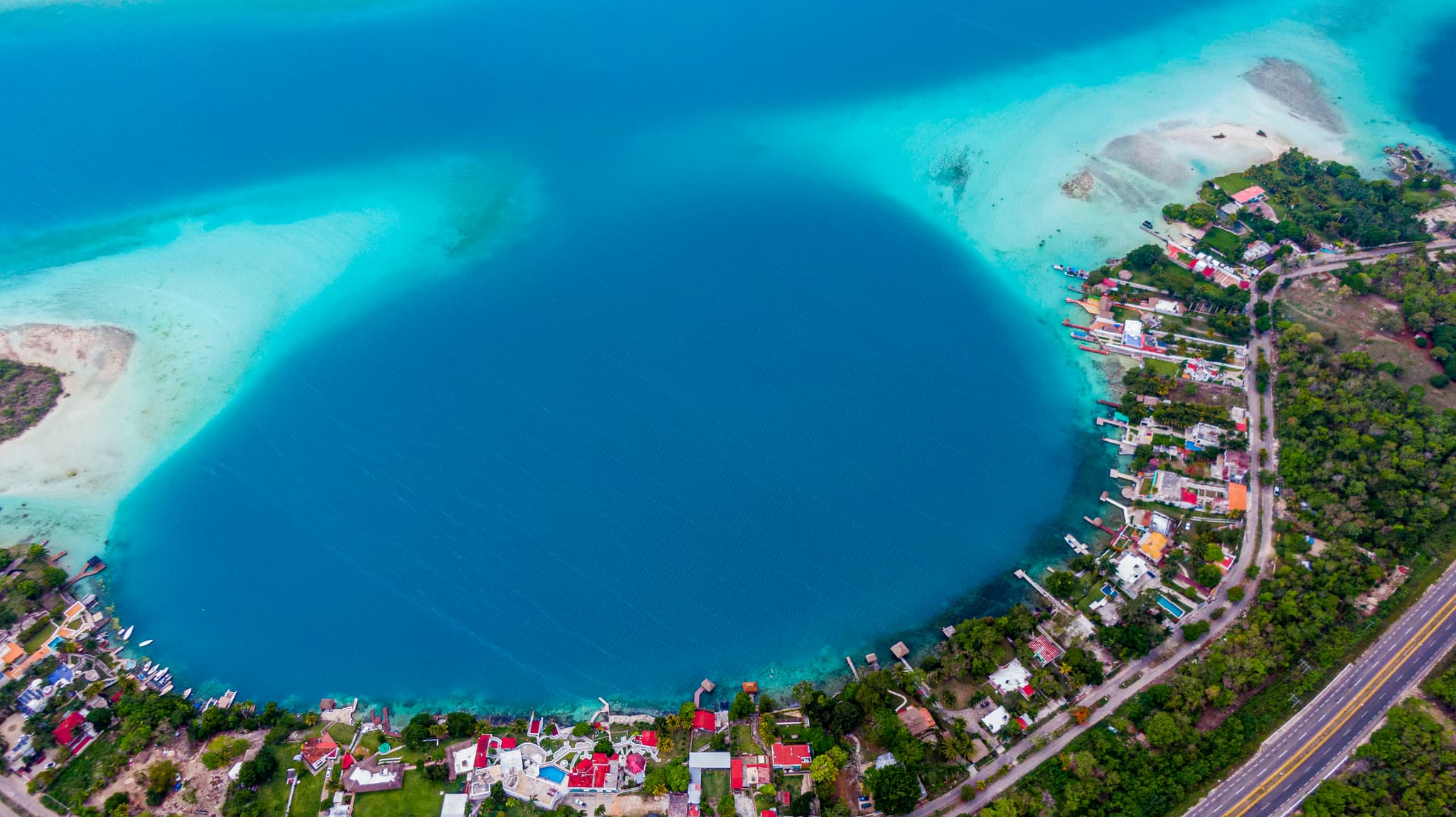 Aerial view of Laguna Bacalar in the southern Mexican Caribbean